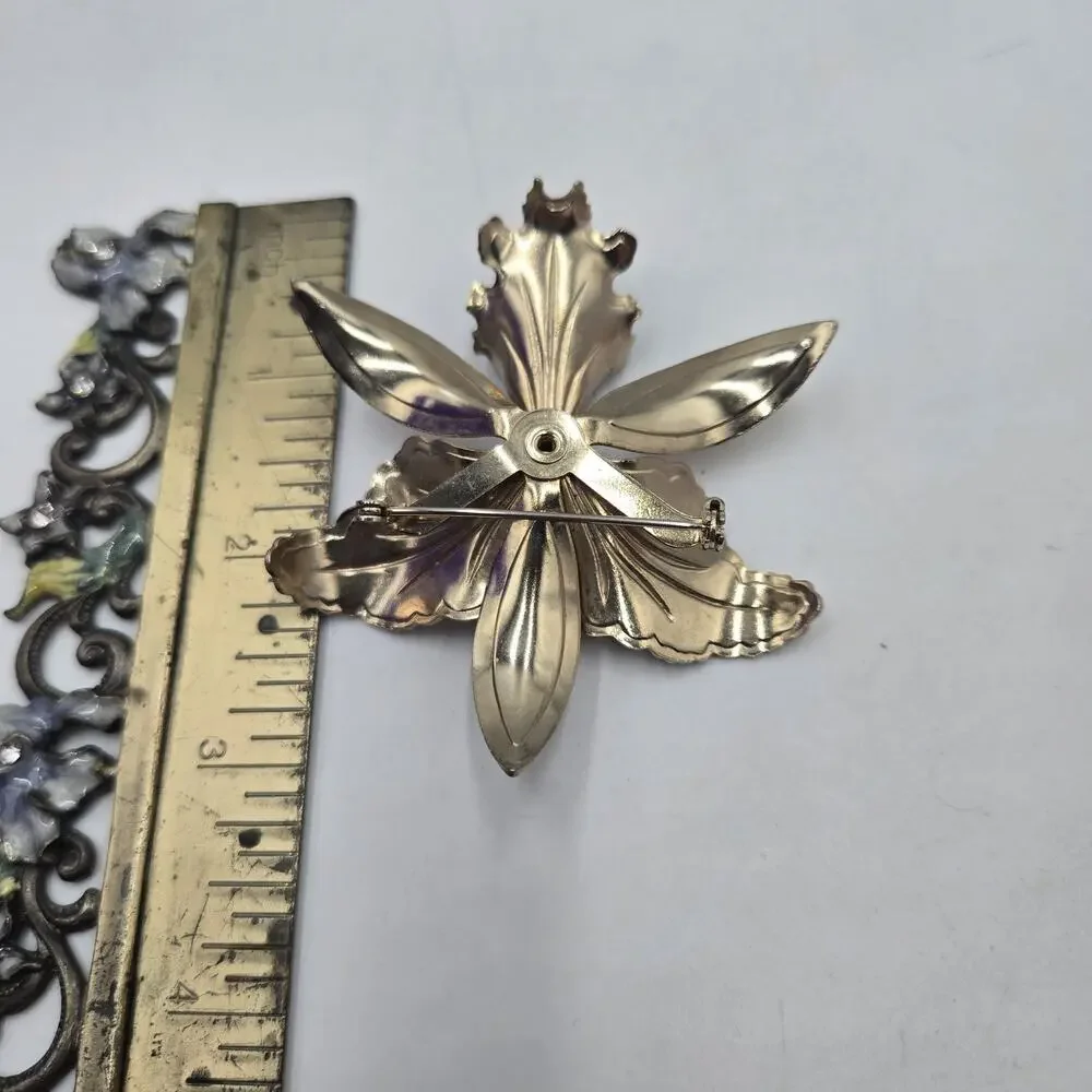 Vintage Silver Tone Purple Enameled Rhinestone Orchid Retro Brooch Boutonniere